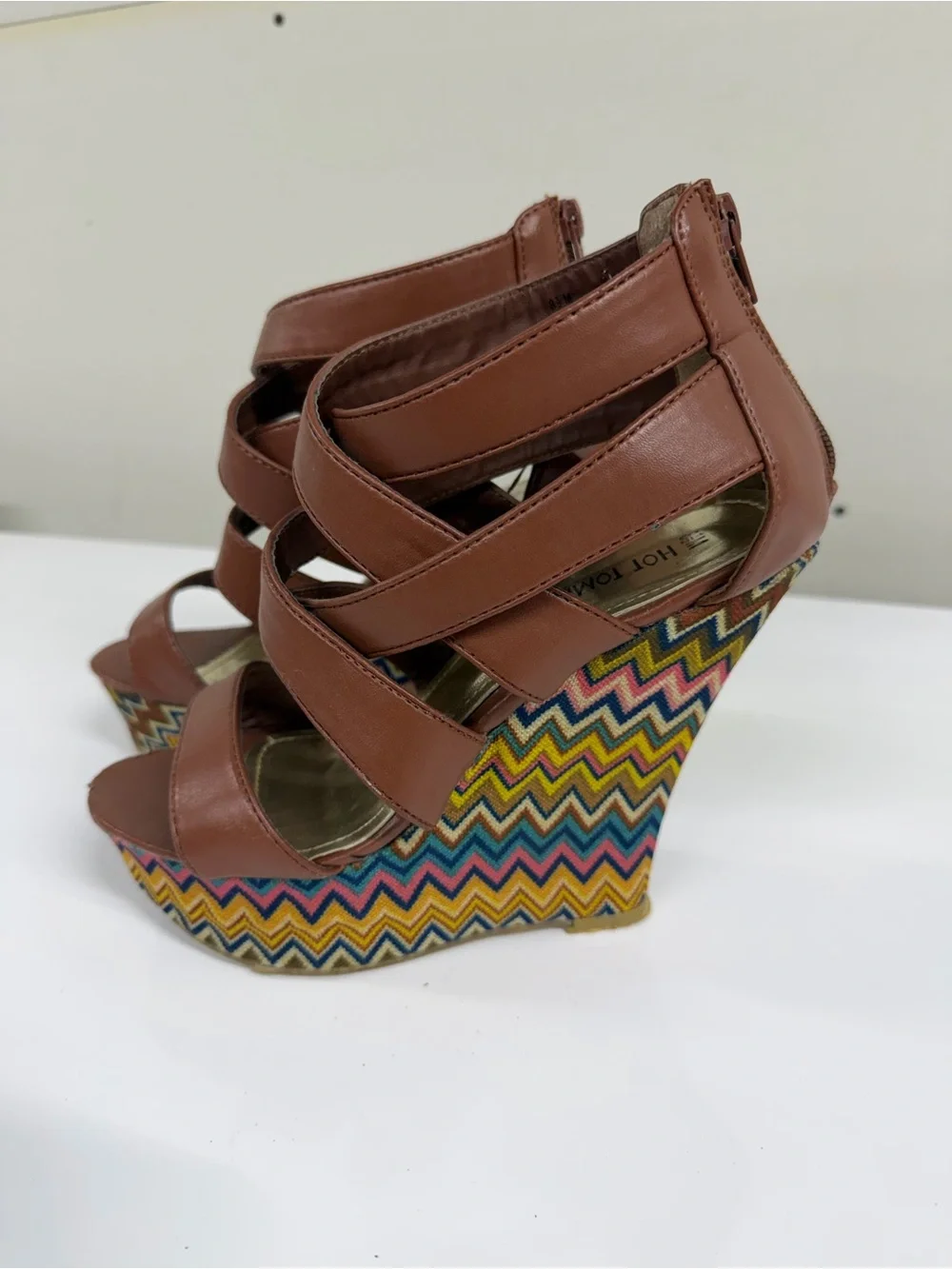 Brown Strappy Wedge Sandals with Chevron Pattern